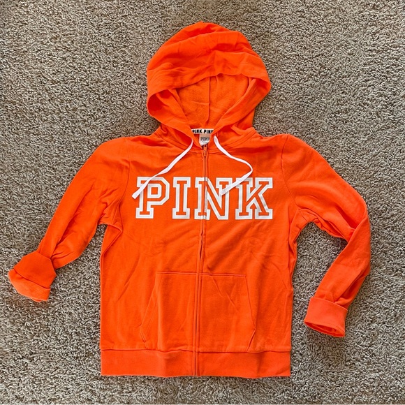 PINK Victoria's Secret | Tops | Victorias Secret Pink Full Zip Hoodie  Sweatshirt Neon Orange White Size Medium | Poshmark